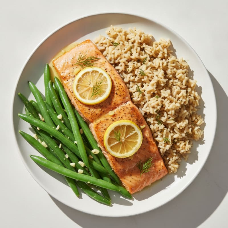Baked Salmon with Herb Rice and Steamed Green Beans