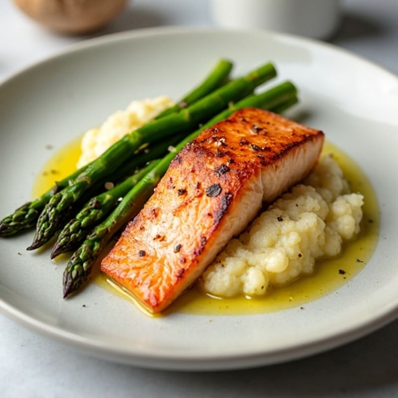 Seared Salmon with Steamed Asparagus and Cauliflower Mash