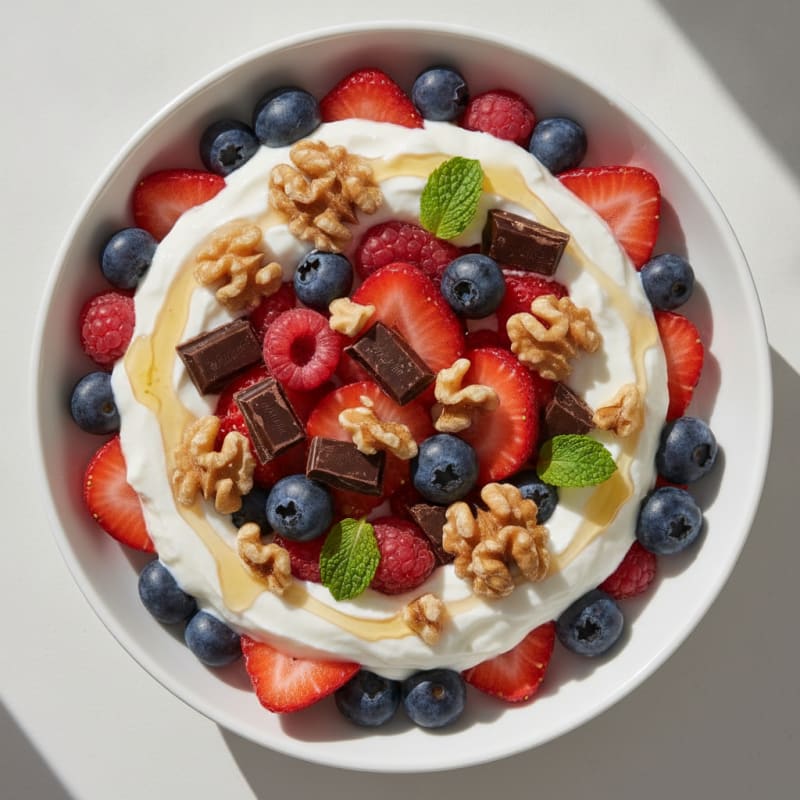 Greek Yogurt Parfait with Mixed Berries, Chopped Nuts and Dark Chocolate