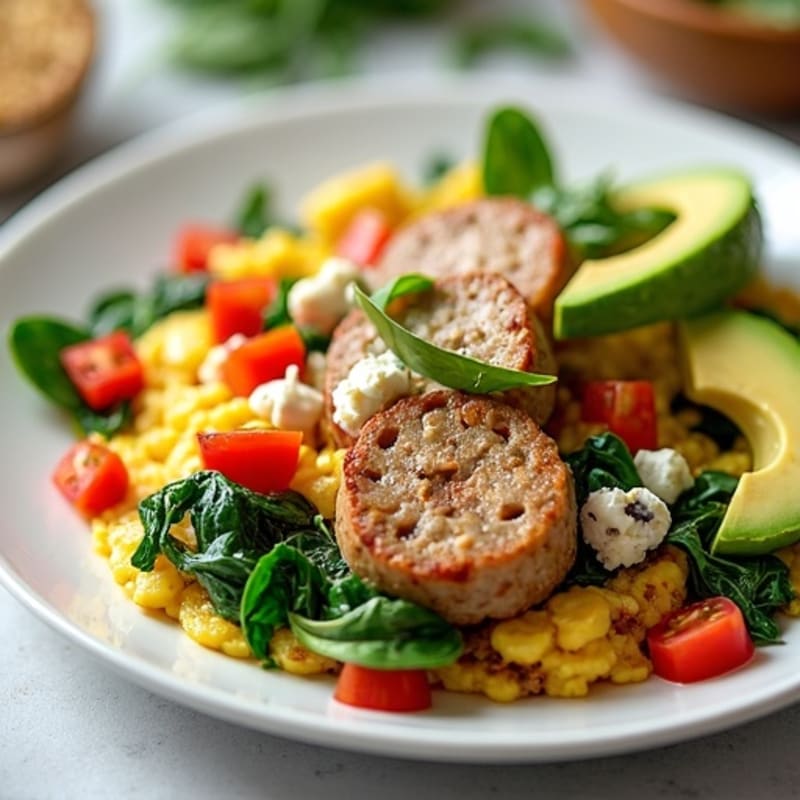Egg White and Turkey Sausage Scramble with Spinach and Mushrooms