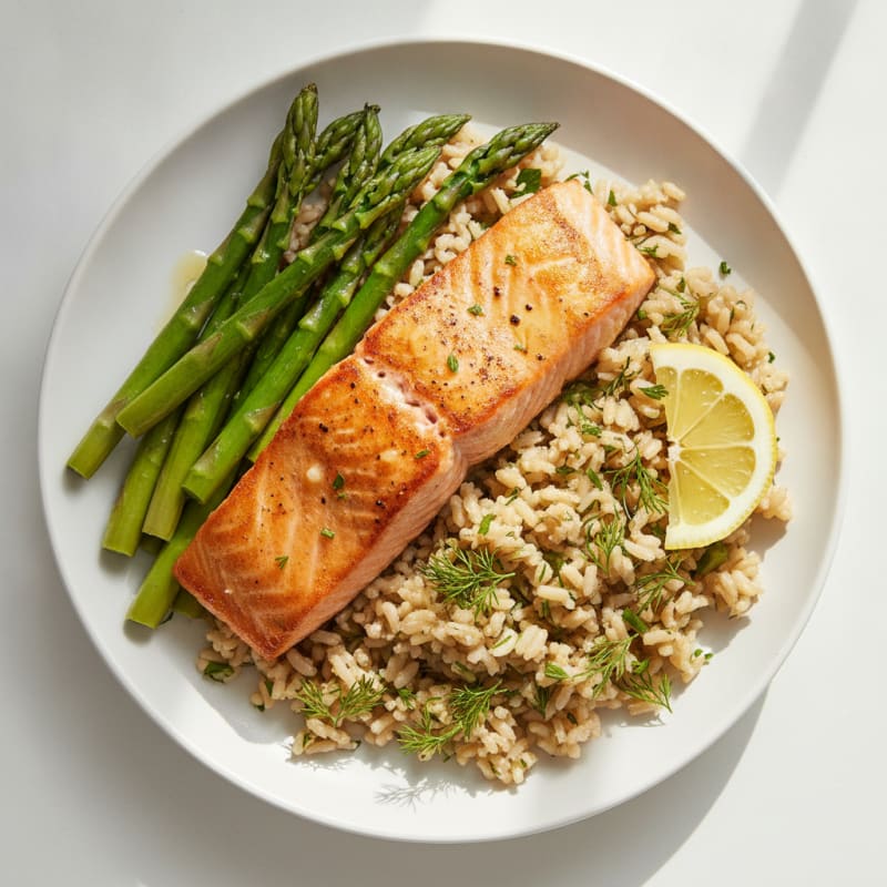 Seared Salmon with Steamed Asparagus and Herbed Brown Rice