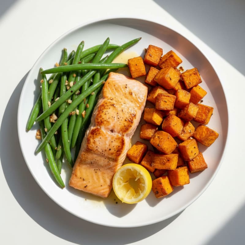 Seared Salmon with Garlic Green Beans and Roasted Sweet Potato