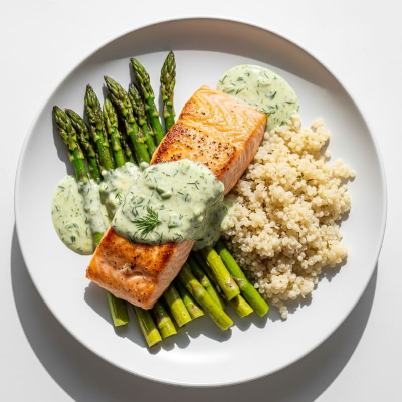 Seared Salmon with Creamy Herb Yogurt Sauce and Roasted Asparagus