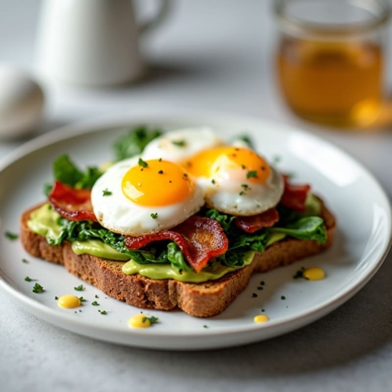 Poached Eggs with Crispy Turkey Bacon, Sautéed Spinach, and Creamy Avocado on Whole Wheat Toast