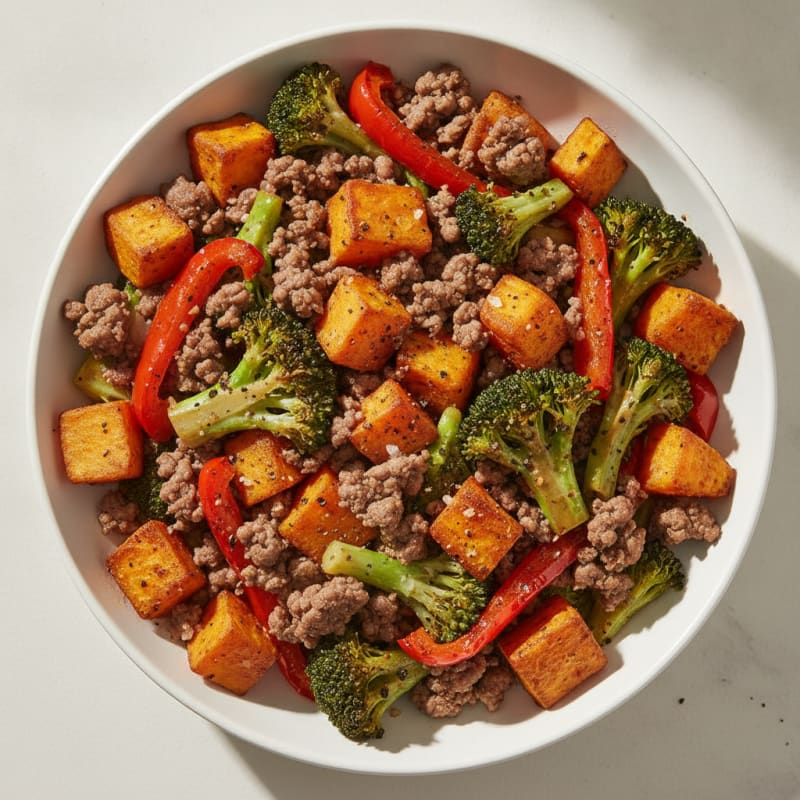 Sweet Potato Ground Beef Bowl with Roasted Vegetables