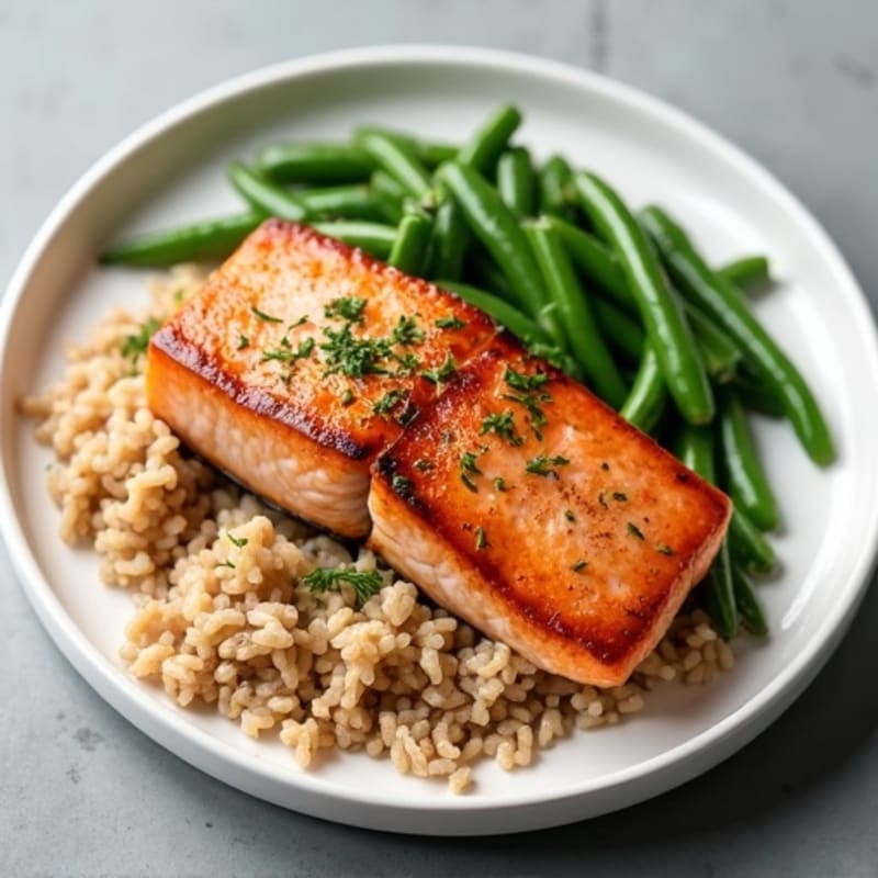 Seared Salmon with Steamed Green Beans and Brown Rice