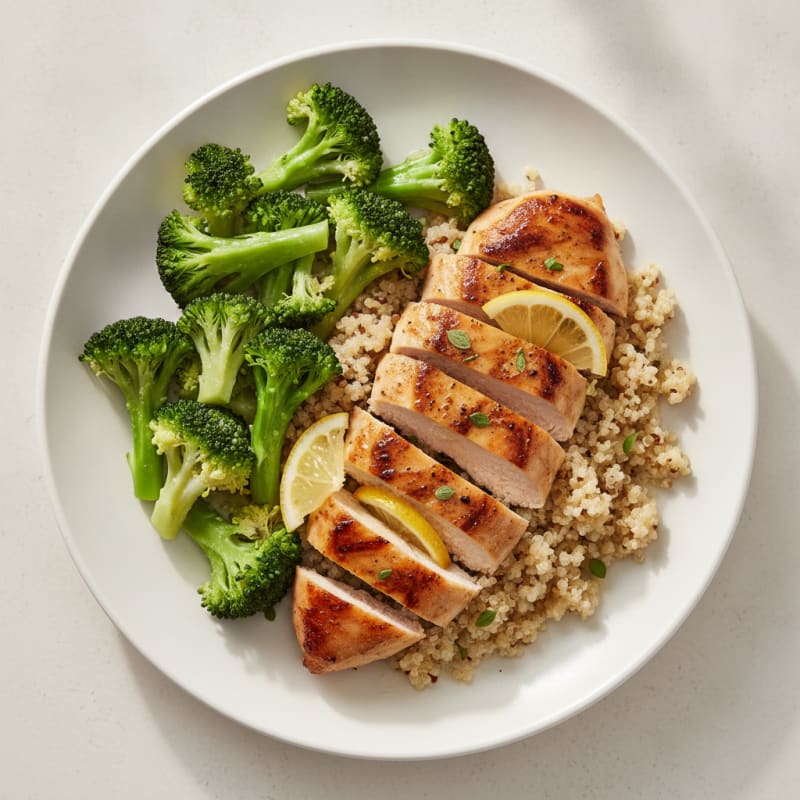 Grilled Lemon Chicken Breast with Quinoa and Steamed Broccoli