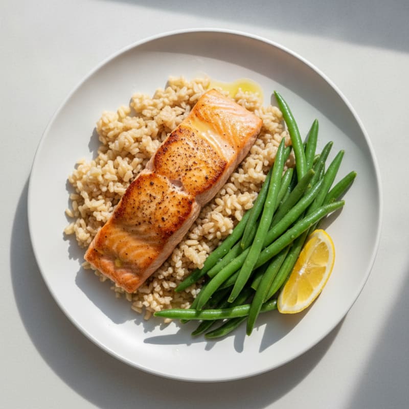 Seared Salmon with Steamed Green Beans and Brown Rice