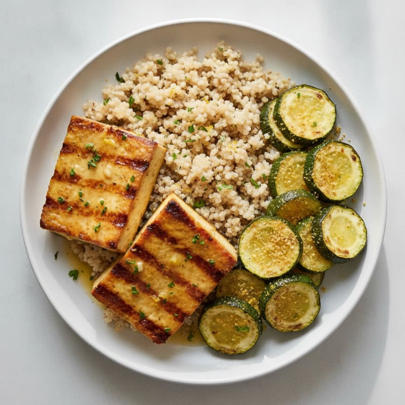 Grilled Lemon Herb Tofu with Quinoa and Roasted Zucchini
