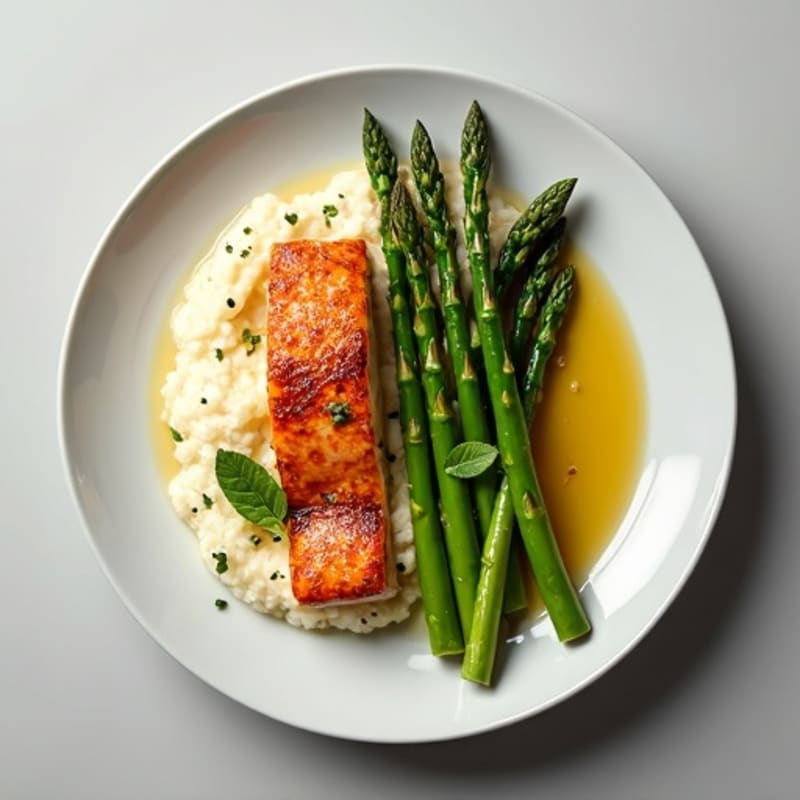 Seared Salmon with Steamed Asparagus and Cauliflower Mash
