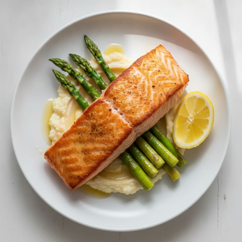 Seared Salmon Filet with Roasted Asparagus and Cauliflower Mash