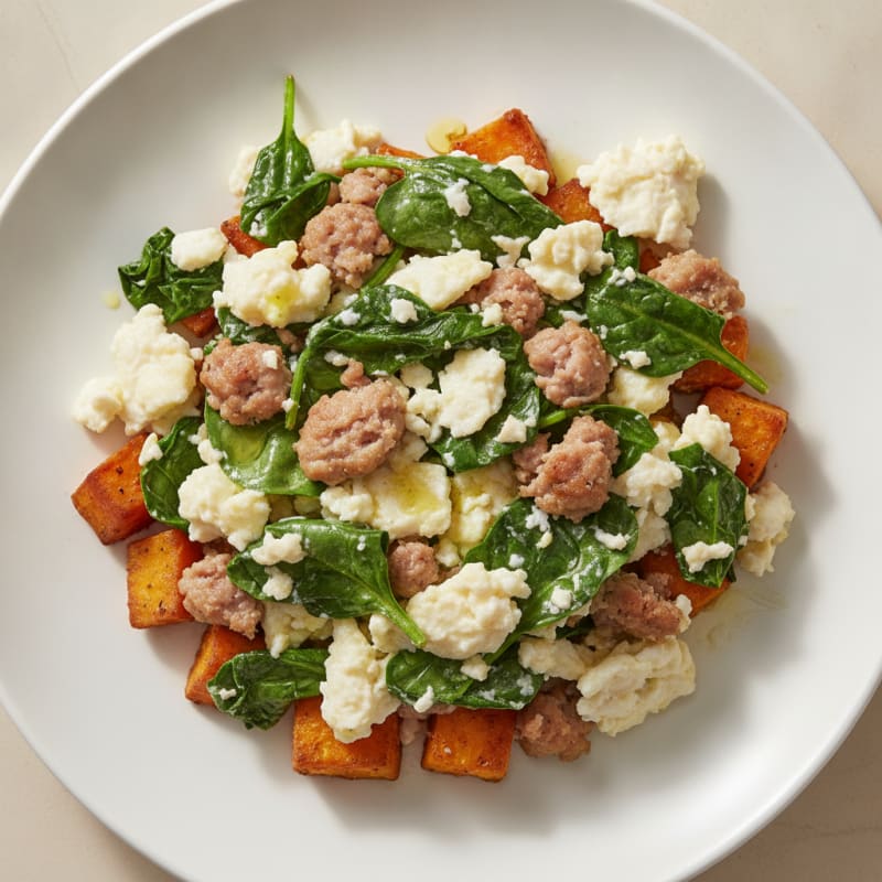 Egg White and Turkey Sausage Scramble with Spinach and Roasted Sweet Potato