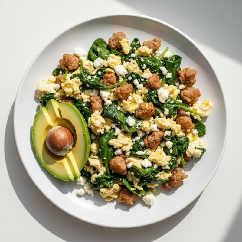 Egg White and Turkey Sausage Scramble with Spinach and Feta