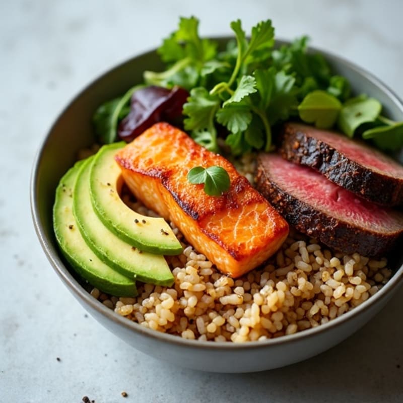 Crispy Salmon and Seared Steak Power Bowl with Creamy Avocado and Fluffy Rice