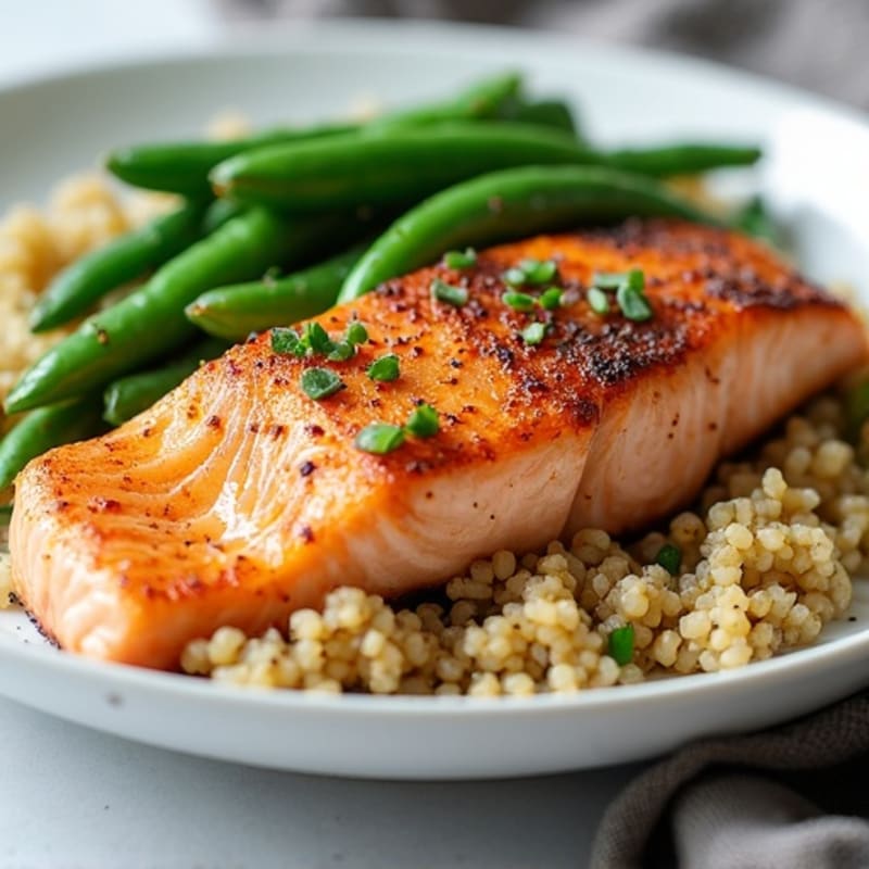 Seared Salmon with Garlic Green Beans and Quinoa
