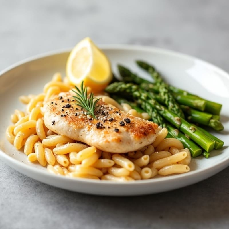 Lemon Garlic Chicken Pasta with Roasted Asparagus