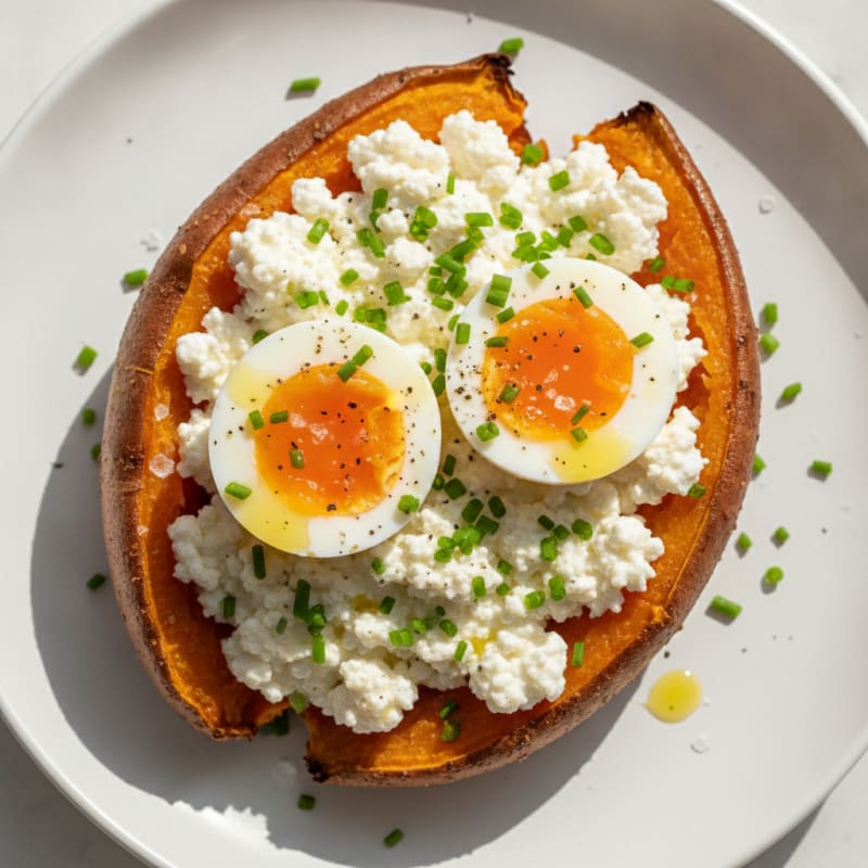 Baked Sweet Potato with Cottage Cheese and Eggs