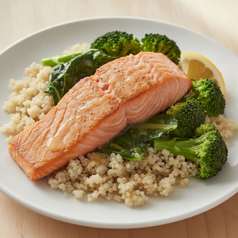 Seared Salmon Filet with Steamed Broccoli and Quinoa