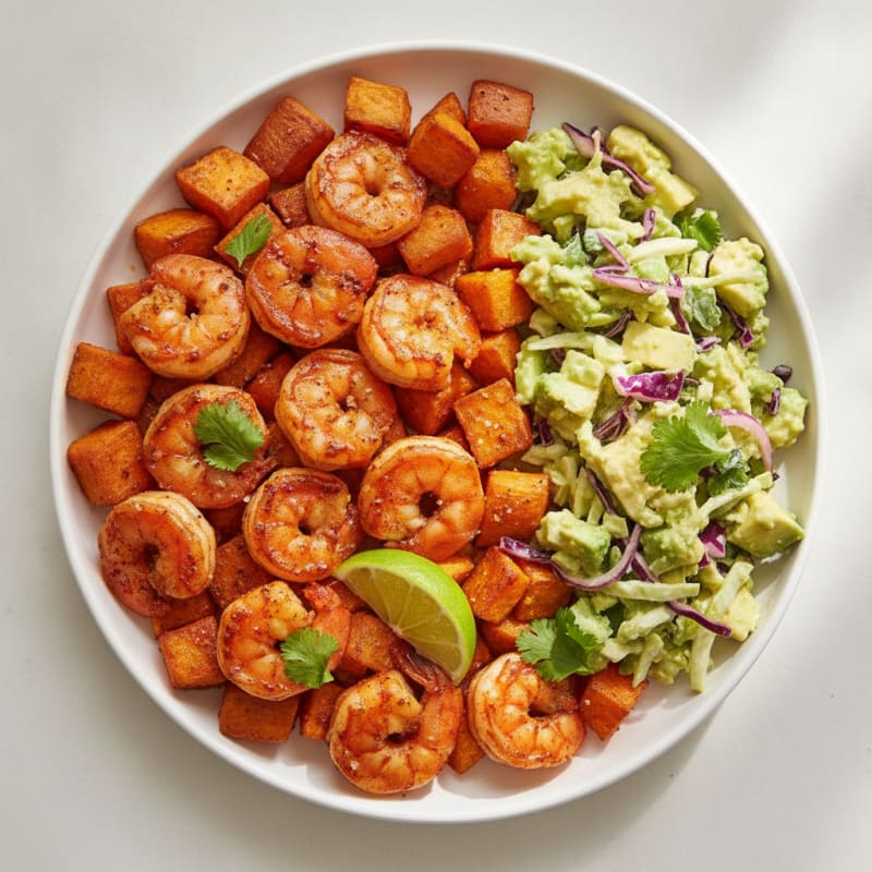Chili Shrimp with Roasted Sweet Potato and Avocado Slaw