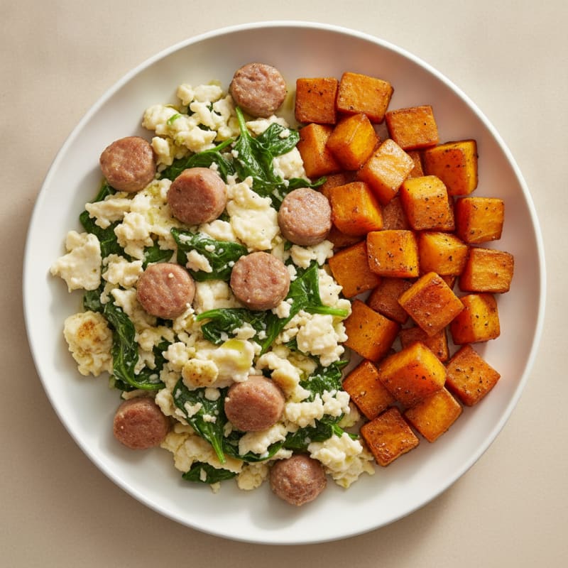Egg White and Turkey Sausage Scramble with Spinach and Roasted Sweet Potato