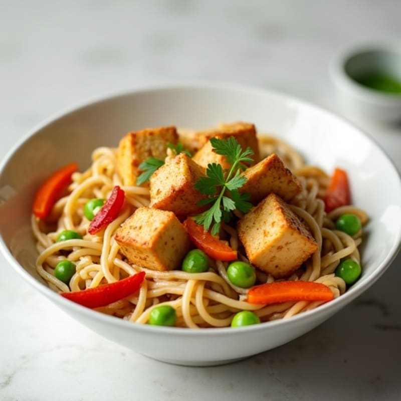Creamy Coconut Peanut Noodles with Crispy Tofu and Fresh Vegetables