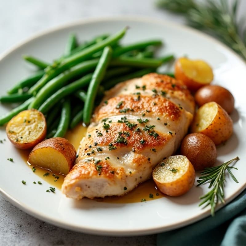 Crispy Garlic Herb Roasted Baby Potatoes with Pan-Seared Chicken and Green Beans