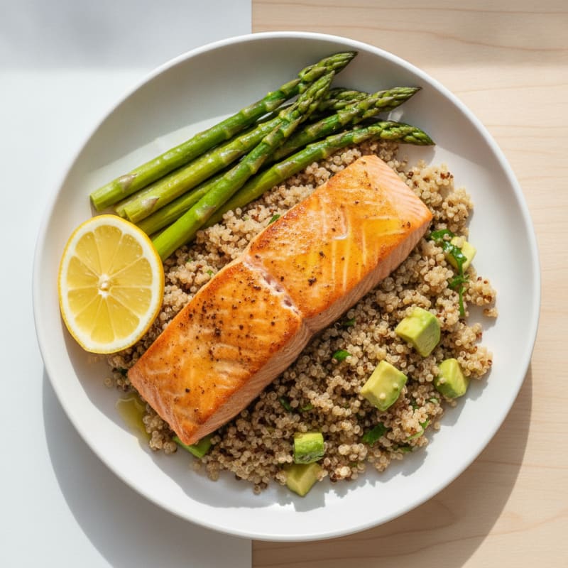 Pan-Seared Wild Salmon with Roasted Quinoa and Steamed Vegetables