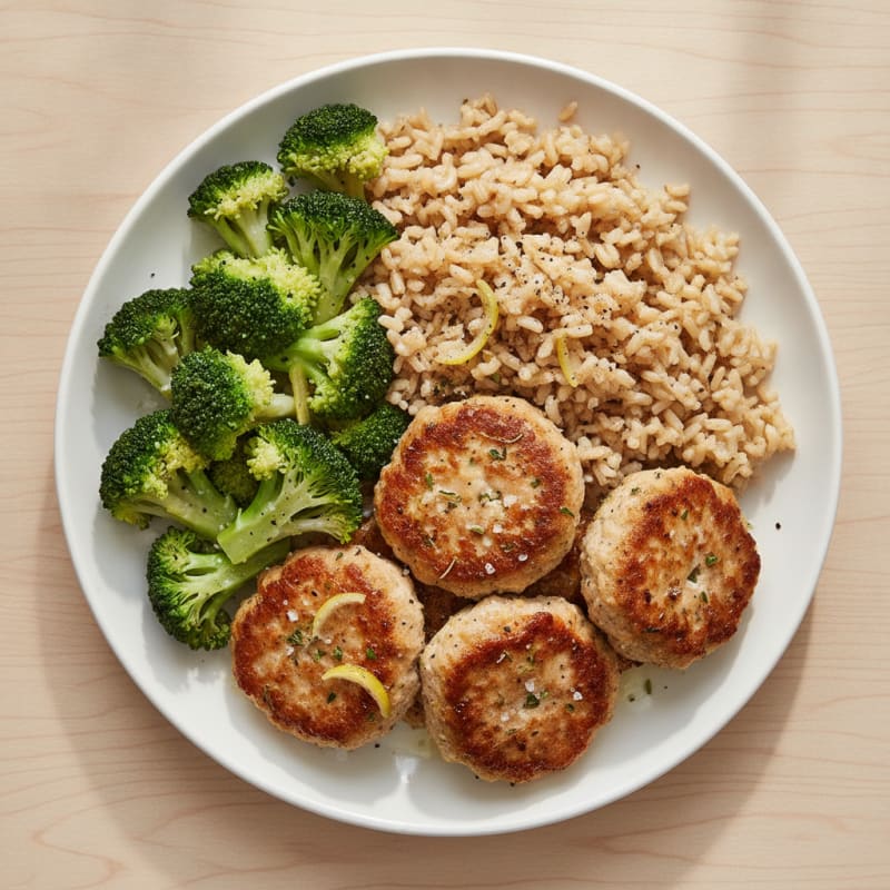 Seared Turkey Patties with Steamed Broccoli and Brown Rice