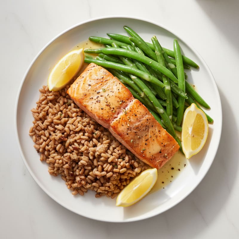 Seared Salmon Fillet with Steamed Green Beans and Brown Rice