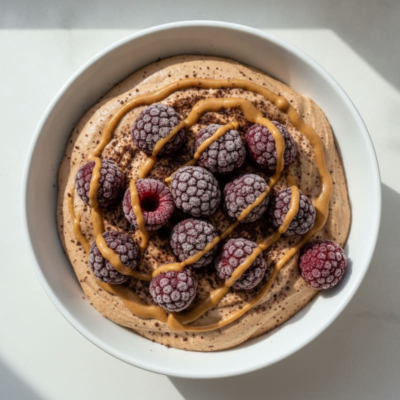 Greek Yogurt Protein Mousse with Cocoa Pebbles Protein Powder and Tru Fru Raspberries
