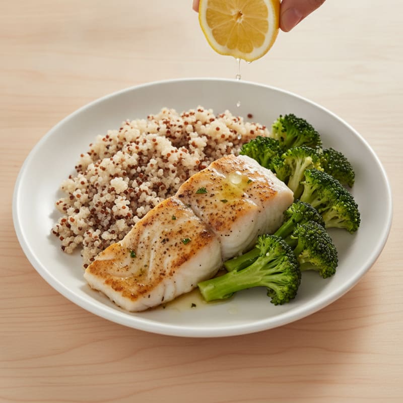 Seared Cod with Steamed Broccoli and Quinoa