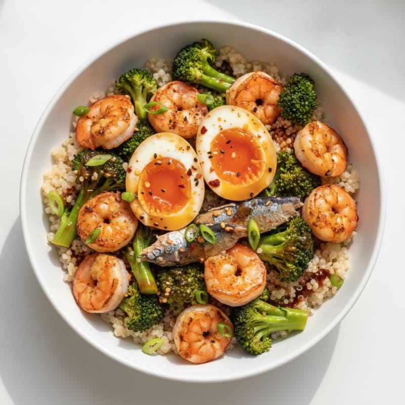 Umami Jammy Eggs with Shrimp and Quinoa