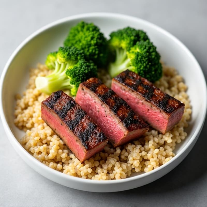 Seared Lean Beef Strips with Steamed Broccoli and Quinoa