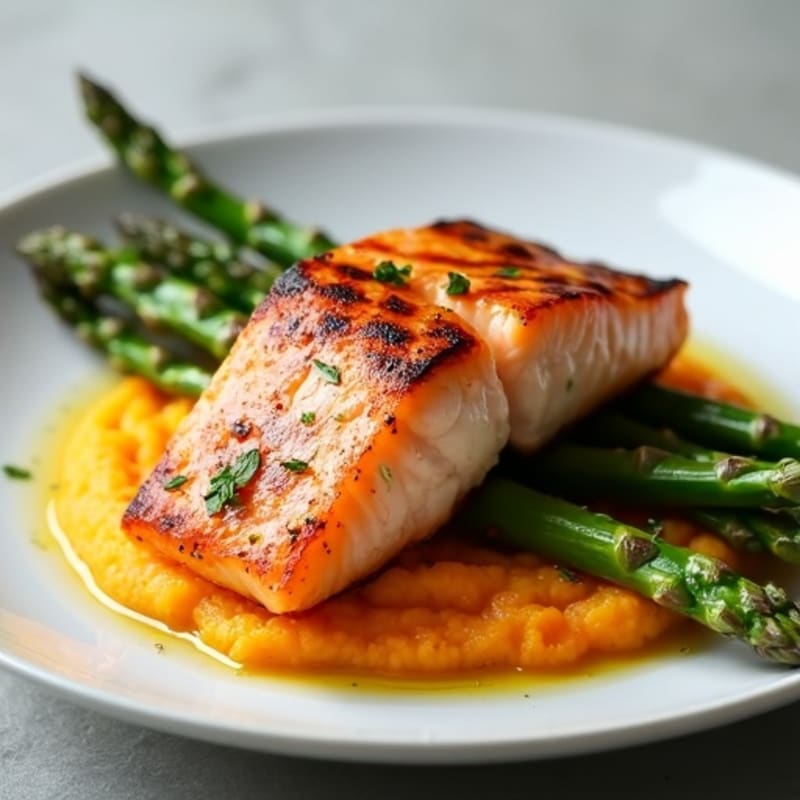 Seared Salmon Fillet with Roasted Asparagus and Sweet Potato Mash