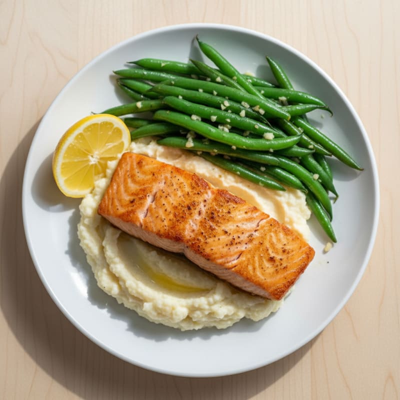 Seared Salmon with Garlic Green Beans and Cauliflower Mash