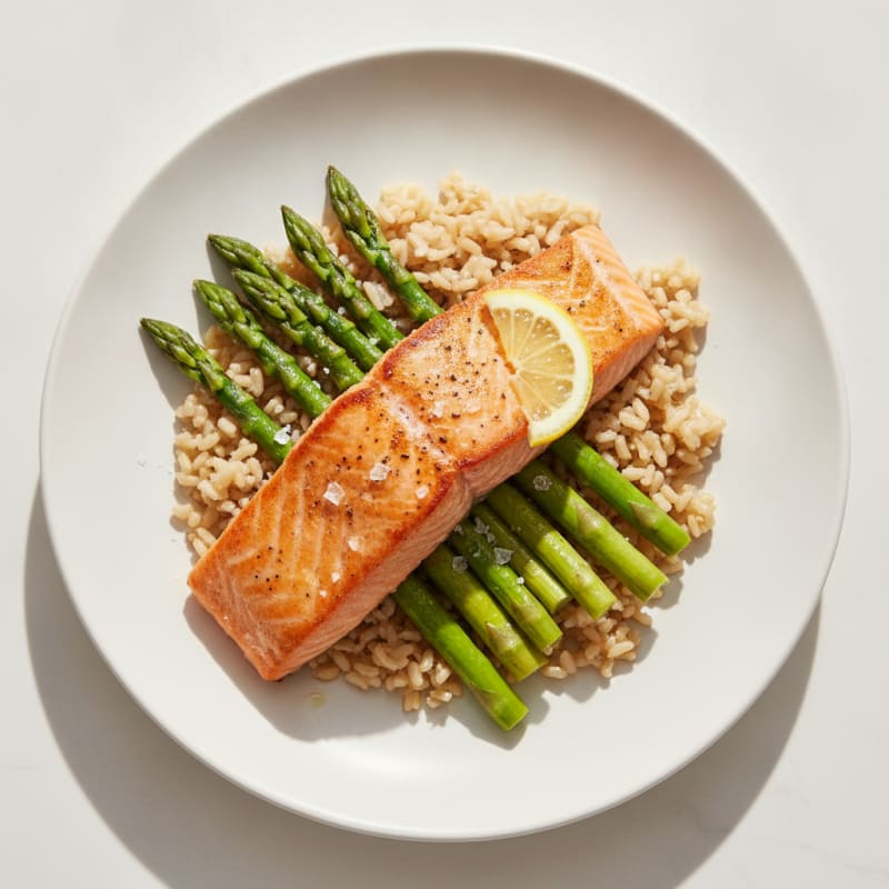 Seared Salmon with Steamed Asparagus and Brown Rice