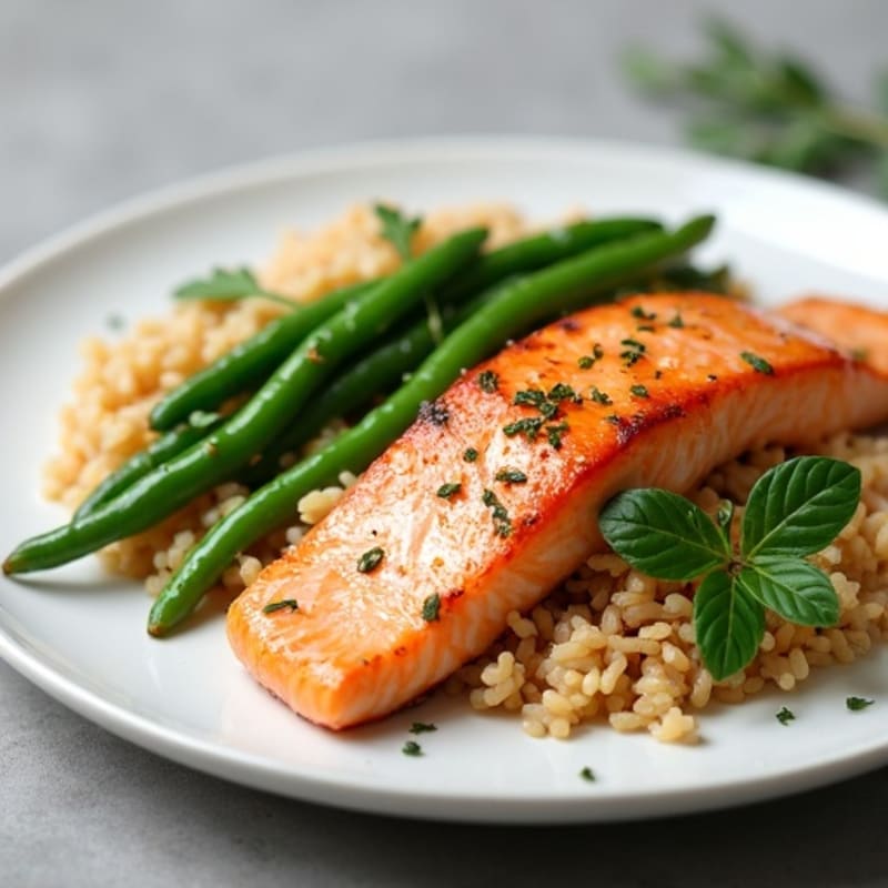 Seared Salmon Fillet with Garlic Green Beans and Brown Rice