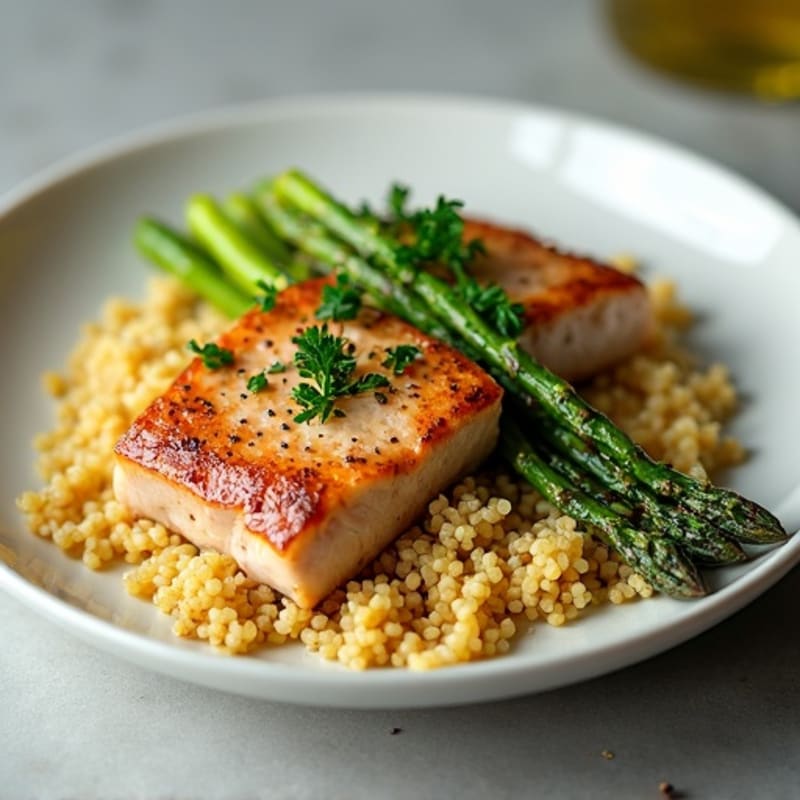 Pan-Seared Tuna with Lemon-Herb Roasted Asparagus and Fluffy Quinoa