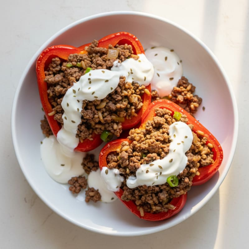 Creamy Beef and Rice Stuffed Peppers