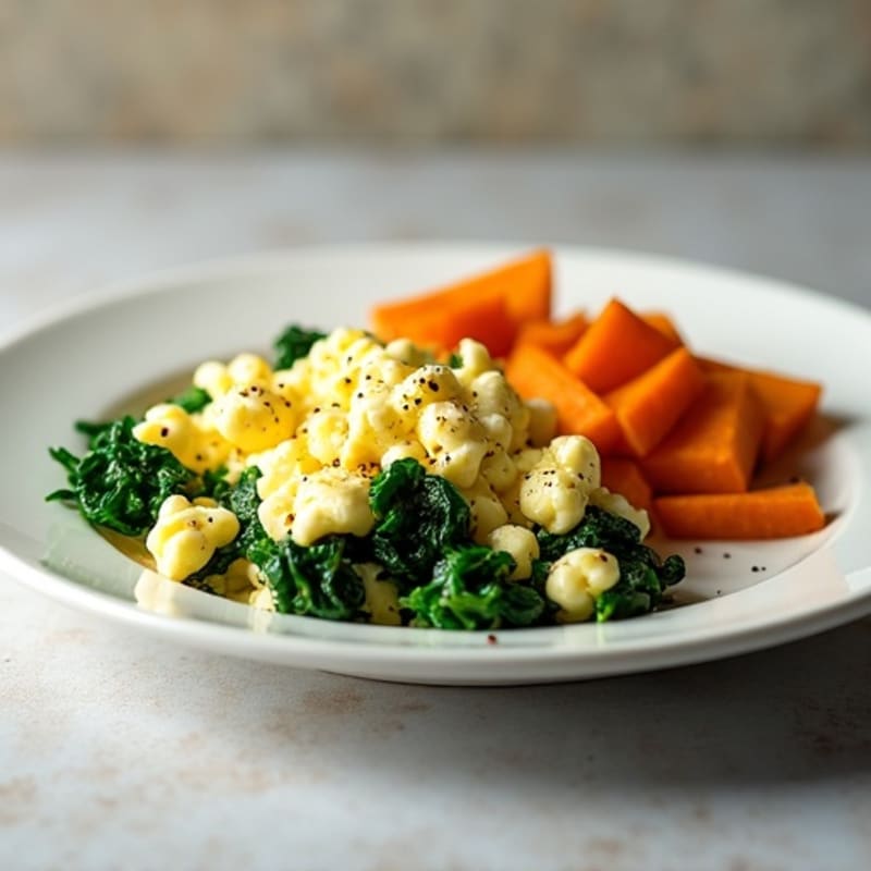 Egg White and Cottage Cheese Scramble with Spinach and Roasted Sweet Potato