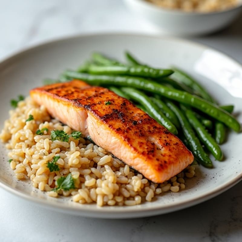 Seared Salmon Filet with Garlic Green Beans and Brown Rice