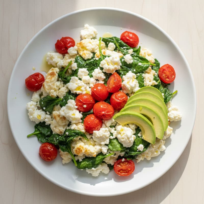 Egg White and Spinach Scramble with Cottage Cheese and Cherry Tomatoes