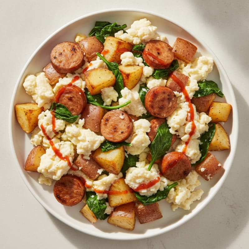 Egg White and Potato Scramble with Sautéed Spinach and Chicken Sausage