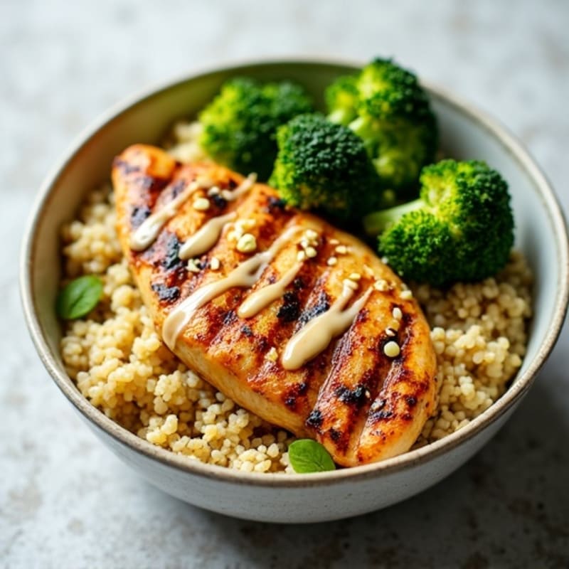 Grilled Chicken and Quinoa Bowl with Crunchy Broccoli and Lemon Tahini Drizzle