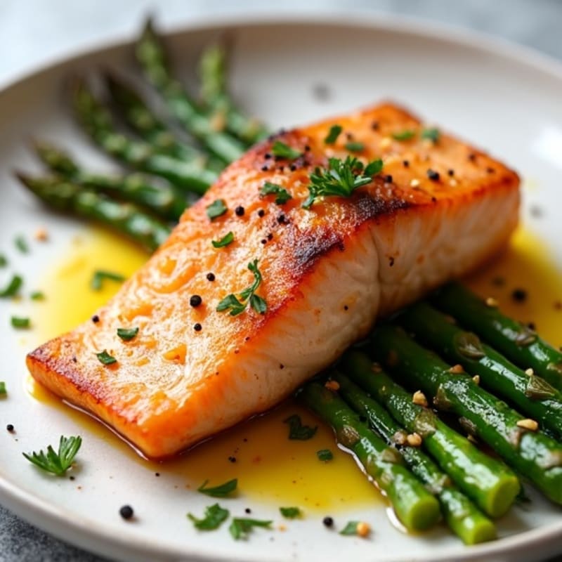 Crispy Pan-Seared Salmon with Lemon-Garlic Roasted Asparagus