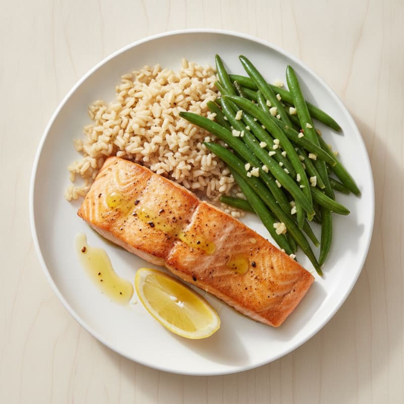 Seared Salmon Fillet with Garlic Green Beans and Brown Rice