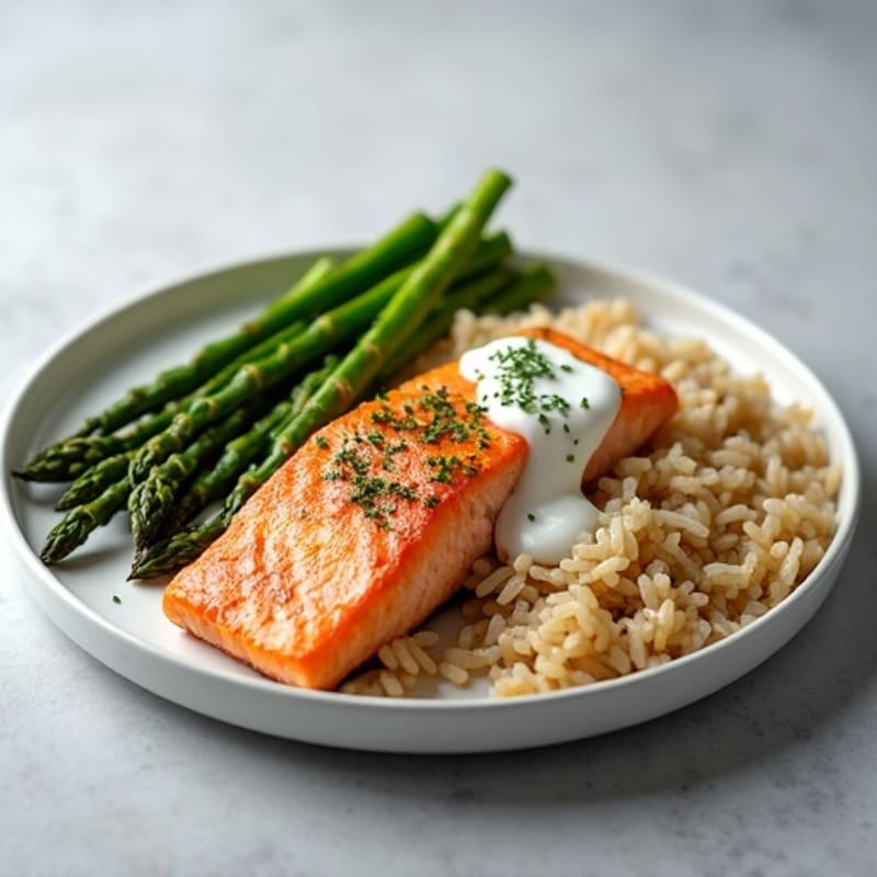 Seared Salmon with Steamed Asparagus and Brown Rice