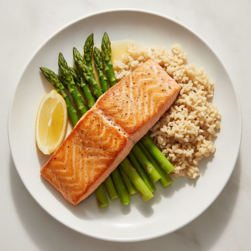 Seared Salmon with Steamed Asparagus and Brown Rice