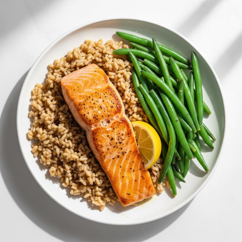 Seared Salmon Filet with Steamed Green Beans and Brown Rice
