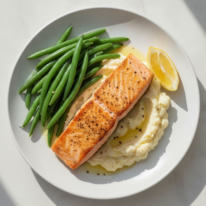 Seared Salmon with Steamed Green Beans and Garlic Mashed Cauliflower
